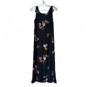 Vintage 90s Floral Maxi Dress Rayon Black Cottagecore Boho Slip Dress